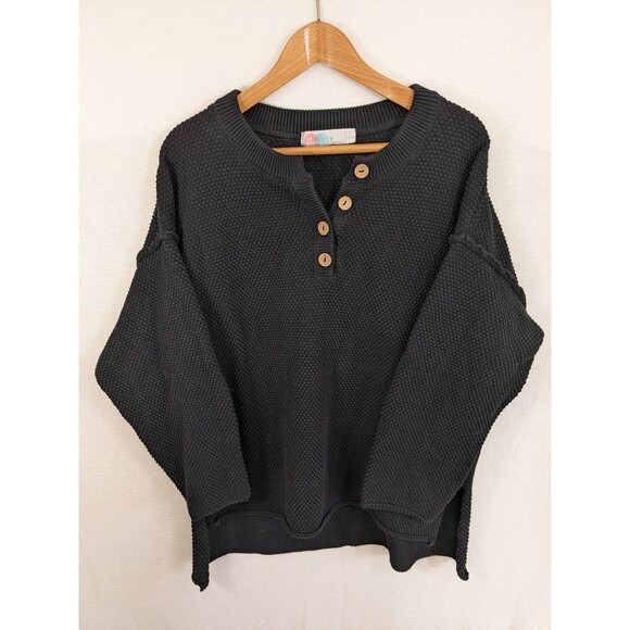 Free People Beach Sweater Black Hailee Oversize Henley Women's Size Large - Picture 2 of 8